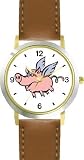 Angel Pig or Flying Pig with Wings Animal - WATCHBUDDY&reg; DELUXE TWO-TONE THEME WATCH - Arabic Numbers - Brown Leather Strap-Size-Large ( Men's Size or Jumbo Women's Size )