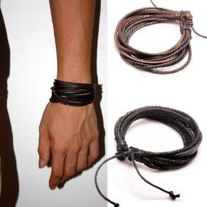 Jirong 2-Pack Leather Black & Brown Bracelets - Adjustable Wristband - Great For Men, Women, Teens, Boys, Girls SL1