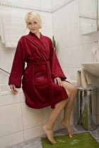 Kurzer Damen Kimono Bademantel / Saunamantel Veloursfleece mit Stickerei Gösse S, Farbe bordeaux-rot