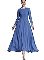 Vintage Linen Round Neck Floor Length Long Sleeves Maxi Dress 