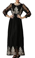 Full Length Elasticized   Waistline Long Sleeves Pleated Embroidered Mesh  Dress