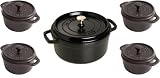 Staub 1130025 Set 5-teilig, Cocotte/Br�ter 24 cm Gusseisen, induktionsgeeignet mit 4 Mini-Cocottes Keramik 10 cm, schwarz