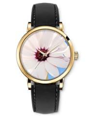 SPRAWL Aanalog Fashion Series Gold Ladies Watches of Genuine Black Leather Strap,Unique Wrist Watch for Women Girls Designed with white flower