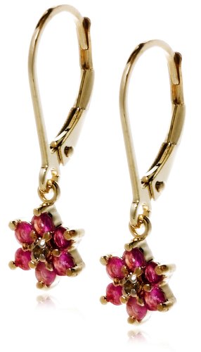 18k Yellow Gold Overlay Sterling Silver Ruby Flower Dangle Earrings