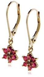 18k Yellow Gold Overlay Sterling Silver Ruby Flower Dangle Earrings
