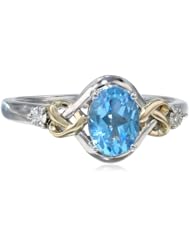 Sterling Silver, 14k Yellow Gold, Diamond, and Swiss Blue Topaz Love Knot Ring