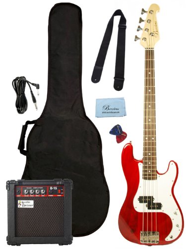 Barcelona Beginner Series Bass Guitar Bundle with 10-Watt Amp, Gig Bag, Instrument Cable, Strap, Strings, Picks, and Polishing Cloth – Transparent Red