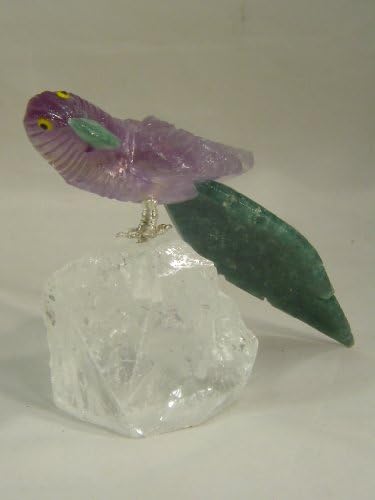 Hand Carved Amethyst Parrot Bird with Green Quartz Tail on Quartz Perch Sculpture
