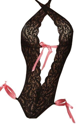 Deargirl Sexy Sheer Halter Black Lace and Satin Teddy Lingerie