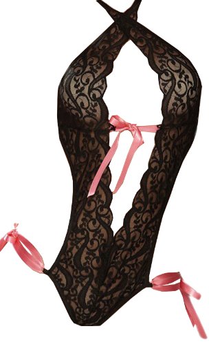 Deargirl Sexy Sheer Halter Black Lace and Satin Teddy Lingerie