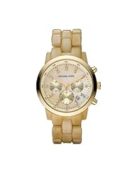 Michael Kors Womens MK5217 Oversized Horn Watch, Ivory Tone Plastic Link Quartz Chronograph Gold Tone Mother Of Pearl