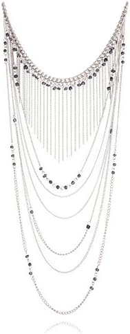 Long Grey Beaded &amp; Fringe Multi Strand Necklace Set with Earrings, 18" + 3" (Rhodium-tone Chain)
