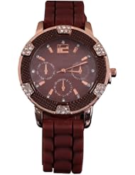 Sotijobs Classic Rubber Jelly Ladies Gold Chronograph Rhinestones Wrist Watch Brown