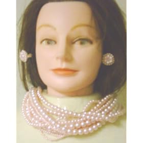 Imported Very Light Pink Graduated Pearl Twelve Strand Long Chain Necklace and Matching Earrings...