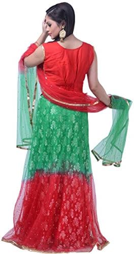 Coral Red and Jade Green Net and Jacquard Bridal Lehenga Choliin Medium Size