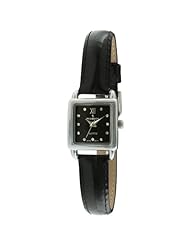 Peugeot 3034BK Ladies Mini Square Silvertone Crystal Black Dial Leather Watch