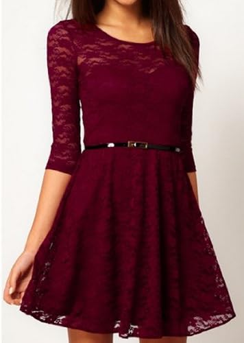 Sexy Spoon Neck 3/4 Sleeve Lace Skater Dress Belt Include No.6029 (L, Burdundy)