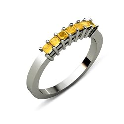 0.35cttw Natural Princess Shape Citrine (SI1-SI2-Clarity,Orange-Color) 7 Stone Wedding Ring With Side Gallery Work in 14K White Gold.size 8.0