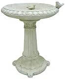 Fiberglass Bird in Center Antique White Birdbath