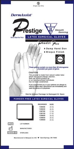 INNOVATIVE DERMASSIST PRESTIGE POWDER FREE LATEX SURGICAL GLOVES Size 6 0 Gloves, 50 pr/bx, 4 bx/cs