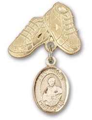 14K Gold Baby Badge with St. Pius X Charm and Baby Boots Pin