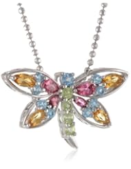 XPY Sterling Silver Multi-Gemstone Dragonfly Pendant Necklace, 18"