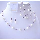 Brd483 Aemthyst Swarovski Crystals & White Pearls Handcrafted Custom Jewelry Wedding Jewelry Complerte Set w/ Bracelet
