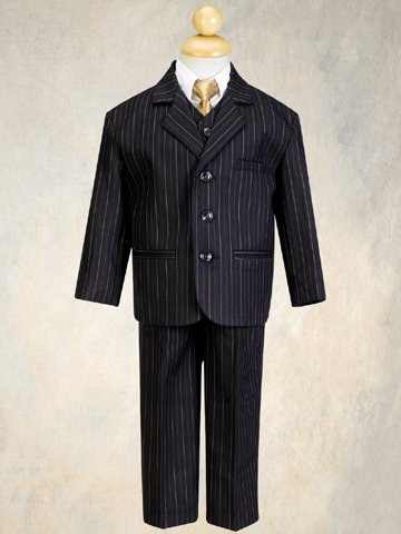 5 Piece Black with Gold Pin-Striped Suit with Gold Tie