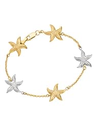 14K Yellow Gold 7.0" 1.75mm Polish Cable Chain With Lobster Clasp And 2 Tone Multi Starfish Sea Life Bracelet