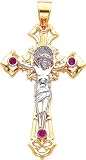 14K Two Tone Gold Red CZ Crucifix Pendant Charm New