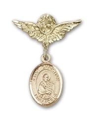 14K Gold Baby Badge with St. Christian Demosthenes Charm and Angel with Wings Badge Pin
