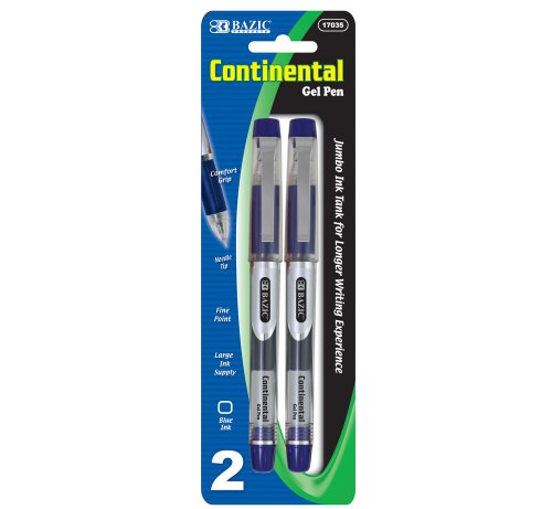 BAZIC Continental Blue Jumbo Ink Tank Needle-Tip Gel Ink Pen w/ Grip (2/Pack)