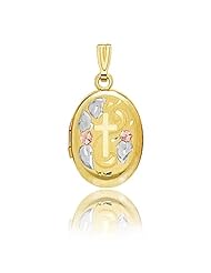 14K 3 Tone Gold Oval Floral & Cross Locket (16 x 13 mm)