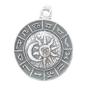 Round Astrological or Zodiac Wheel with Sun and Crescent Moon Pendant in Sterling Silver for Men and Women, #8127