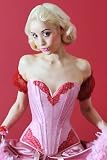 Velda Lauder Strawberry Pink Silk and Red Lace Plunge Corset