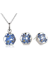Sterling Silver Pressed Flower Earrings and Matching Pendant Necklace Set, 16"