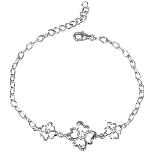 Four Leaf Clover Diamond Cubic Zirconia Lucky Charm Platinum Overlay CAREFREE Sterling Silver Bracelet