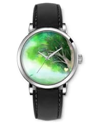SPRAWL Aanalog Fashion Series Silver Ladies Watches of Genuine Black Leather Strap,Unique Wrist Watch for Women Girls Designed with Green Tree in the Snow