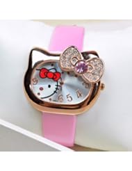 Hot Lovely Hello Kitty Cartoon Ladies Womens Leather Belt Diamond Wrist Watch for Girlfriends Lady (Pink)