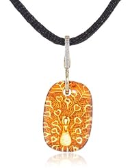10k Yellow Gold Hand-Carved Peacock Amber Pendant with Diamond-Accent Bale (adjustable silk cord, untied length of silk cord is 18")