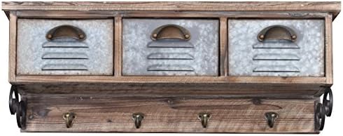 Distressed Rustic Wood & Metal Wall Cabinet with 3 Drawers & 4 Coat Hooks