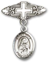 Sterling Silver Baby Badge with St. Rita Baseball Charm and Badge Pin with Cross