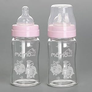 Momo Baby Wide Neck Laboratory Grade Borosilicate Glass Bottles, Pink, 6 Ounce
