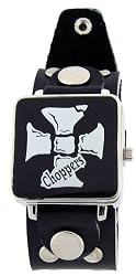 Flip Top Black Square Cross Chopper Case Trendy Design Punk Rocker Biker Black Leather Band Wrist Watch