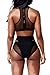 Pink Queen Women's Back Zip Mesh Spicy High-Waist Racer Bikini Swimwear (L, Black)