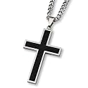 Black Carbon Fiber and Polished Stainless Steel Cross Necklace on 24 Inch Chain