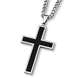 Black Carbon Fiber and Polished Stainless Steel Cross Necklace on 24 Inch Chain