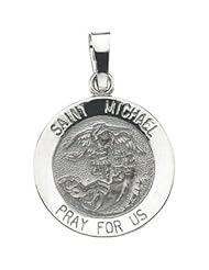 Round Saint Michael Pendant Medal in Solid 14 Karat White Gold Pray for Us Medal 15.00MM