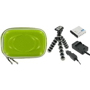 4n1 Hard Shell Case (Candy Green) / NB-6L AC DC Charger / Battery / Tripod for Canon PowerShot SD1200IS Digital Camera Green