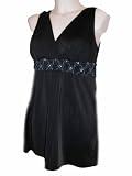 Womens Longitude Swimdress Swimsuit, Long Tankini Swimwear, One-piece, Black with Blue Embroidery, Size 10-18